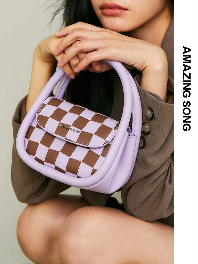 Amazing Song Green Pink Checkerboard Bag Soft Bag Family Handbag Crossbody Bag Hasp Niche Design