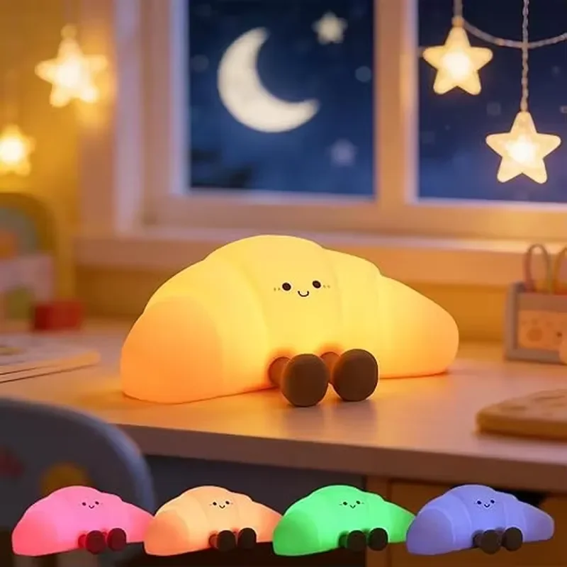 Croissant LED Night Light 7 Color Changing Soft Silicone Rechargeable Bedside Lamp with Timer for Kids Room Decor