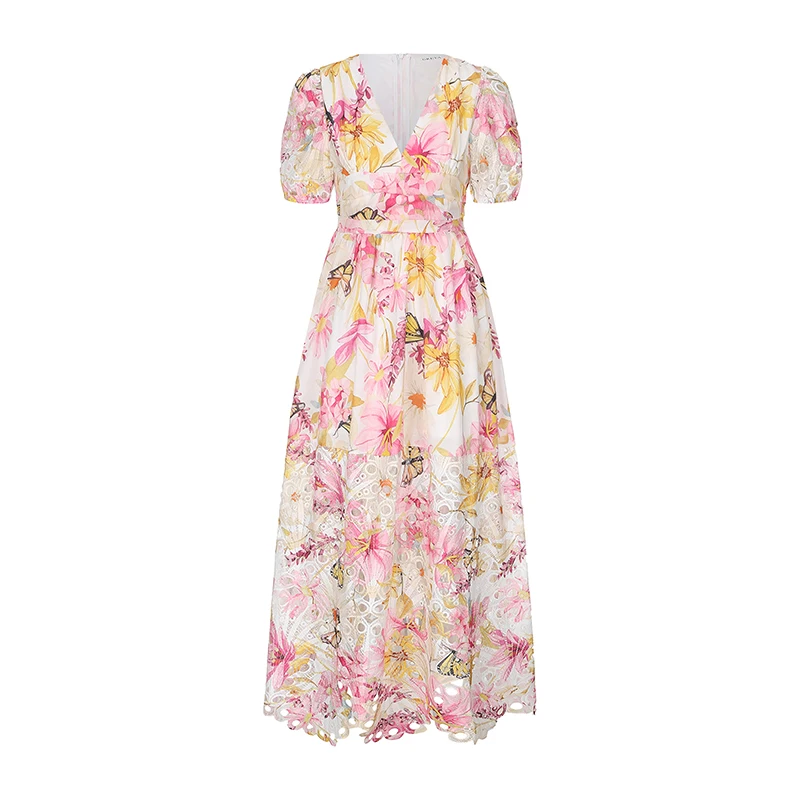 Elegant Colorblock Hollow out Dress V-Neck Short Sleeve Floral Print High Waist Embroidery Hook Flower Female Elegant Dress