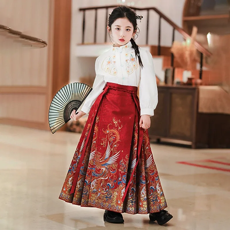 Setelan pakaian kuda, setelan Tang Hanfu tradisional Cina rok wajah kuda Mamianqun Vintage brokat Satin anak-anak putri tradisi Cina