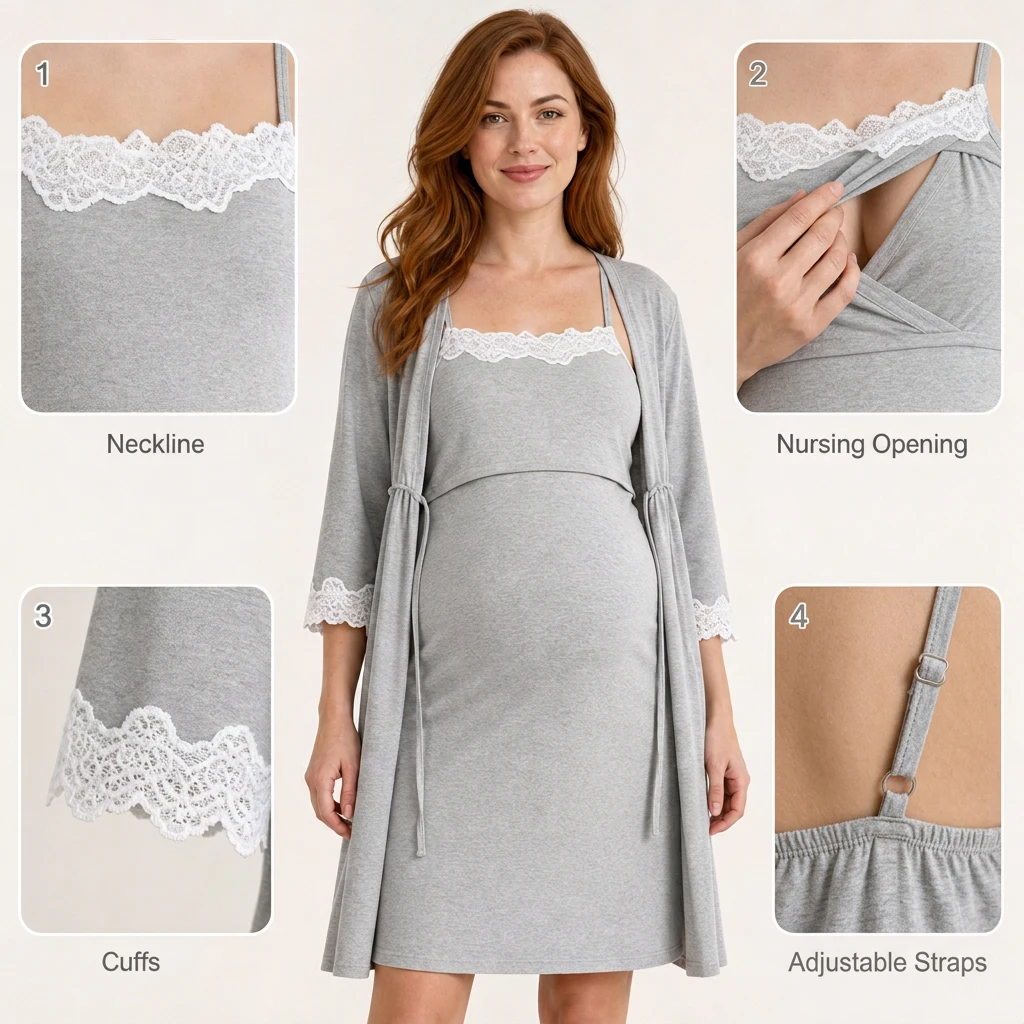 2 in 1 Maternity Nursing Robe Set Lace Breastfeeding Dress Adjustable Straps Pregnant Women Hospital Home Nightgown Sleepwear