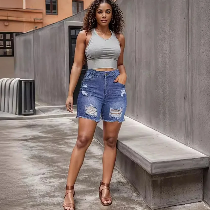

Denim Shorts Women Holes Ripped Knee Length Shorts Zipper Fly Distressed Pockets Summer High Street Washed Mom Jeans Loose