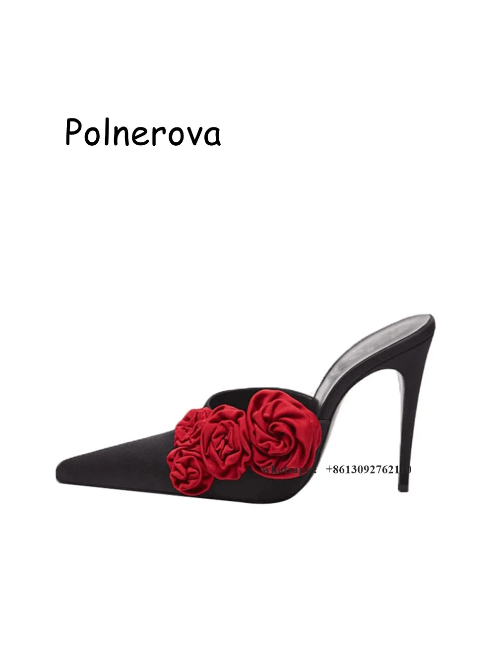 

Flower Pointed Toe Slippers Thin High Heels Satin Female Shoes Sexy Solid Occidental Style Small Fellow Mules Plus Size Slippers