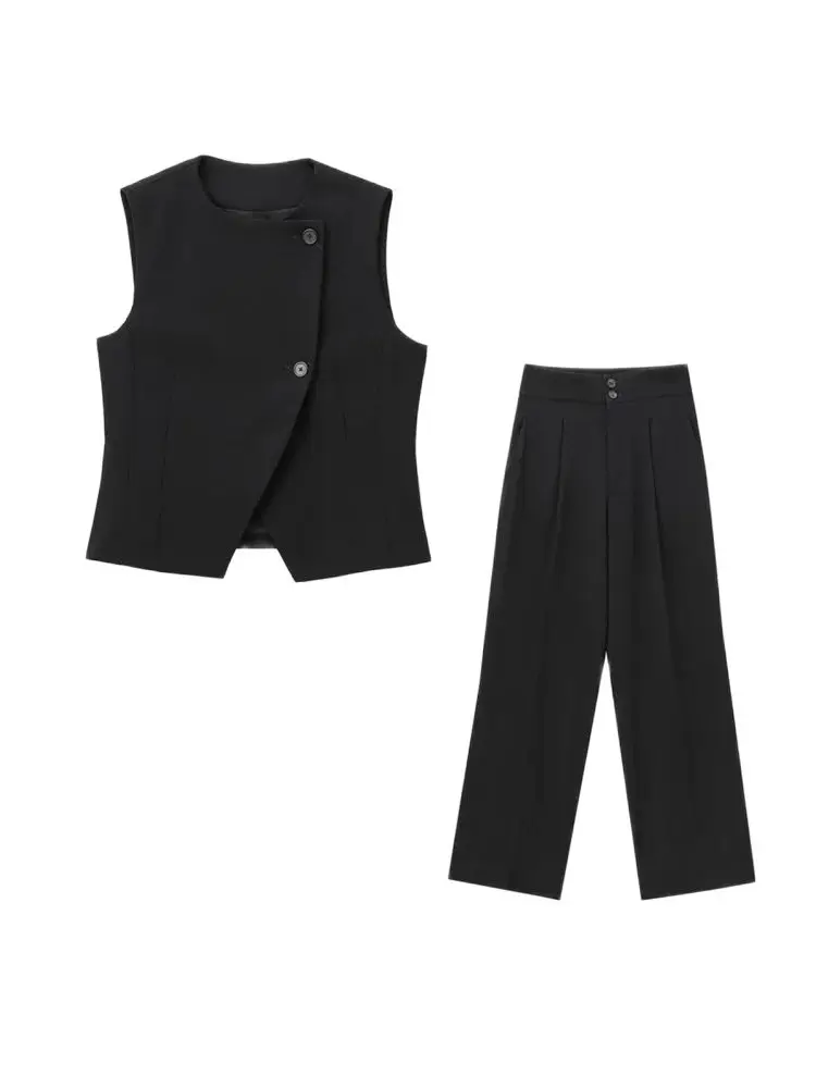 Women Fashion Front Button Asymmetric Waistcoat And Mid Waist Front Darts Straight Pants Female Two Piece Sets Mujer