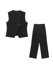 Women Fashion Front Button Asymmetric Waistcoat And Mid Waist Front Darts Straight Pants Female Two Piece Sets Mujer
