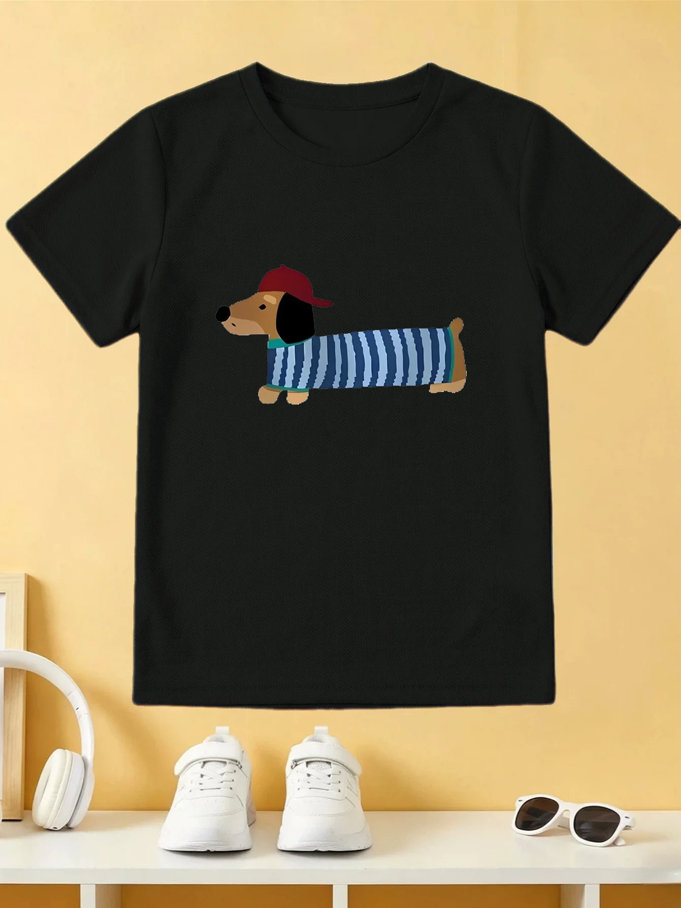 Cartoon Cap Dachshund Dog Tee Striped Puppy Animal Graphic Print Boys Girls Family Matching Cotton Short Sleeve Children Tshirt