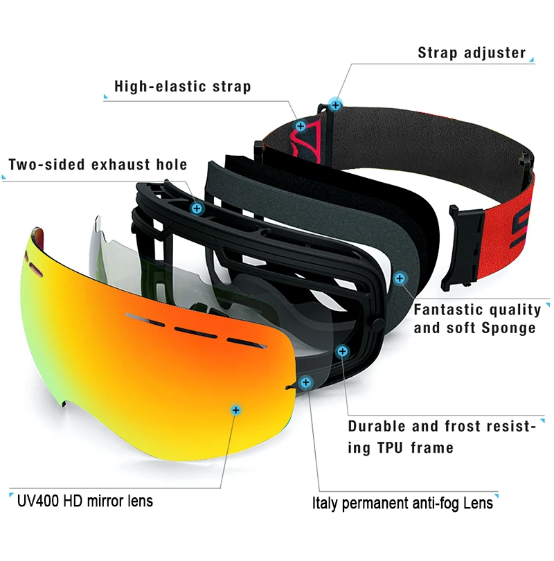 Óculos de esqui e neve sem moldura com lente espelhada azul ou vermelha, óculos esportivos emitidos em fábrica, proteção ocular compatível com capacete