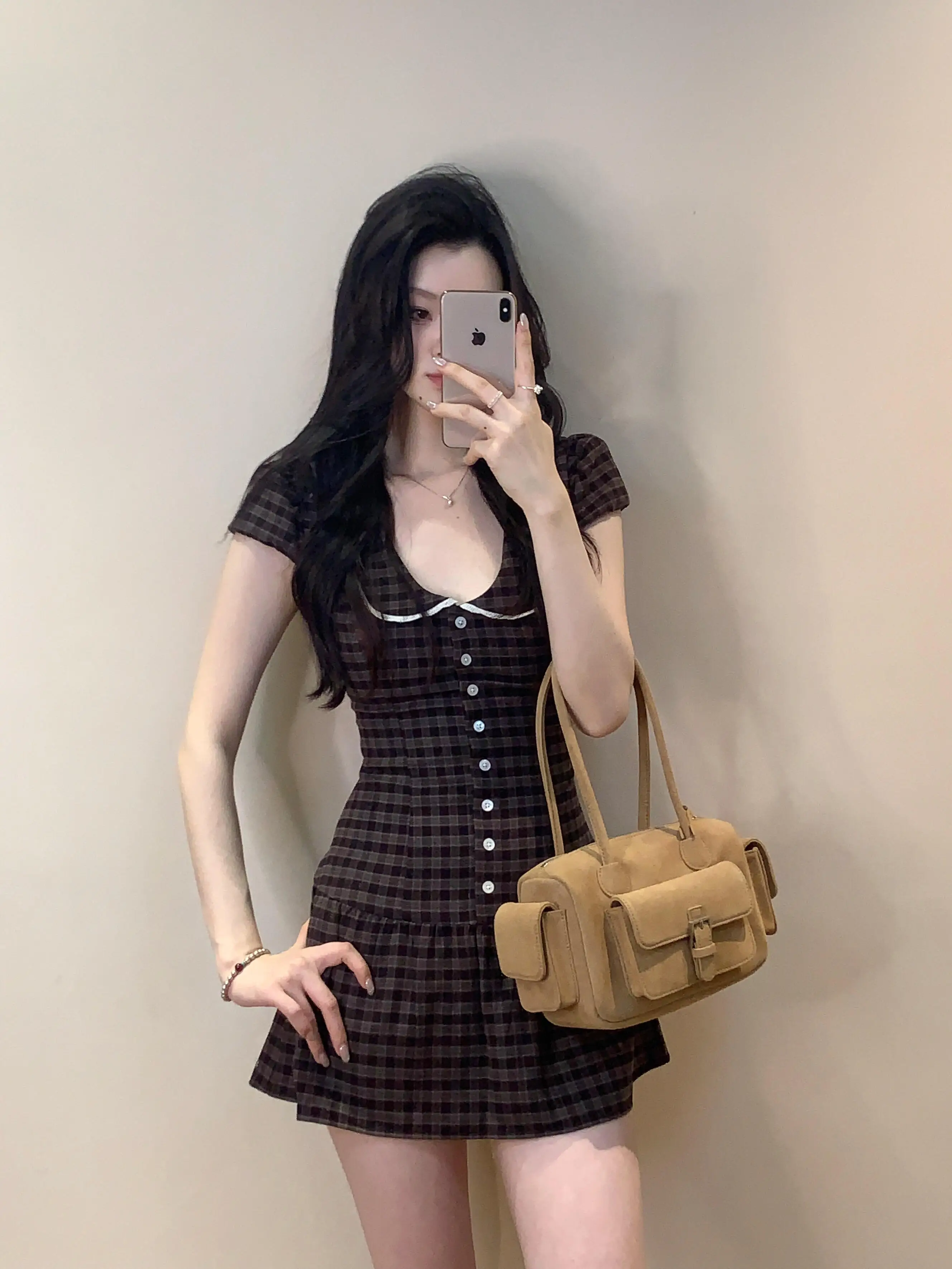 Ms XIDU Spicy Girl Estate Sweet Cool Academy Style American Farm Pattern Short Sleeve Turn-down Collar Waist-cinching Dress S...