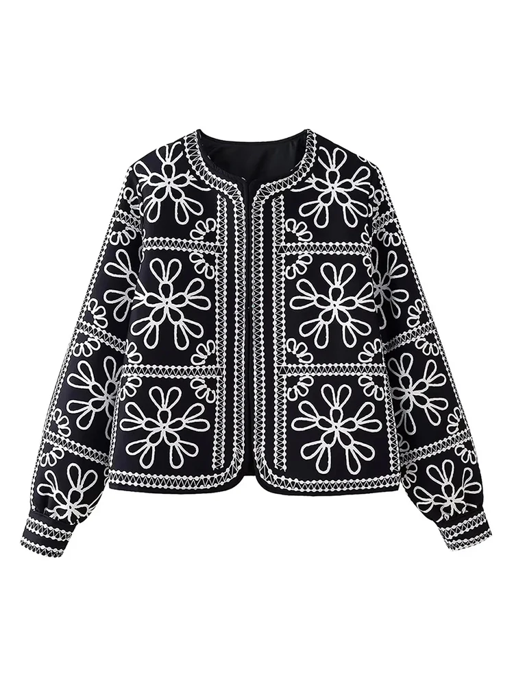 Women's White Flower Print Short Jacket, Girls O-Neck, Long Sleeve, Black Loose Open Stitch Outwear, Autumn, Winter Fashion