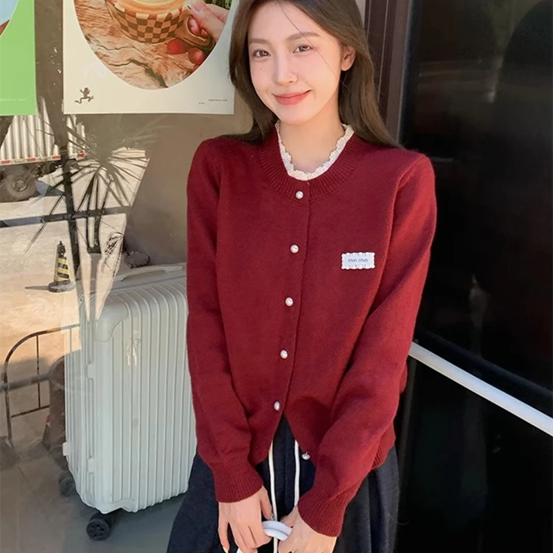 Lace Round Neck Knitted Cardigan Women Loose Casual Solid Color Jacket Coat Top