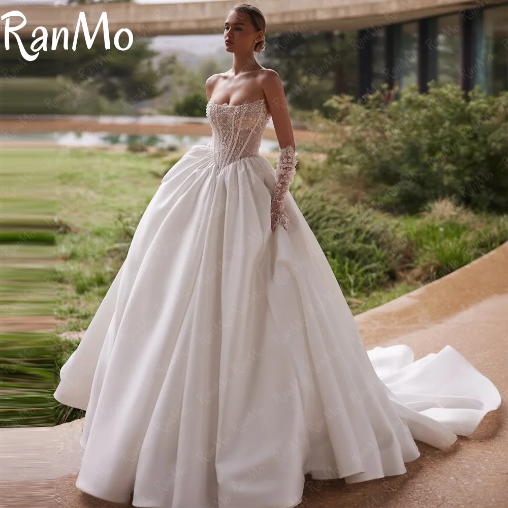 Ranmo Simple Boat Neck Wedding Dresses A Line Sleeveless Appliques Satin Bride Gowns Sweep Train Vestidos De Novhe Customised