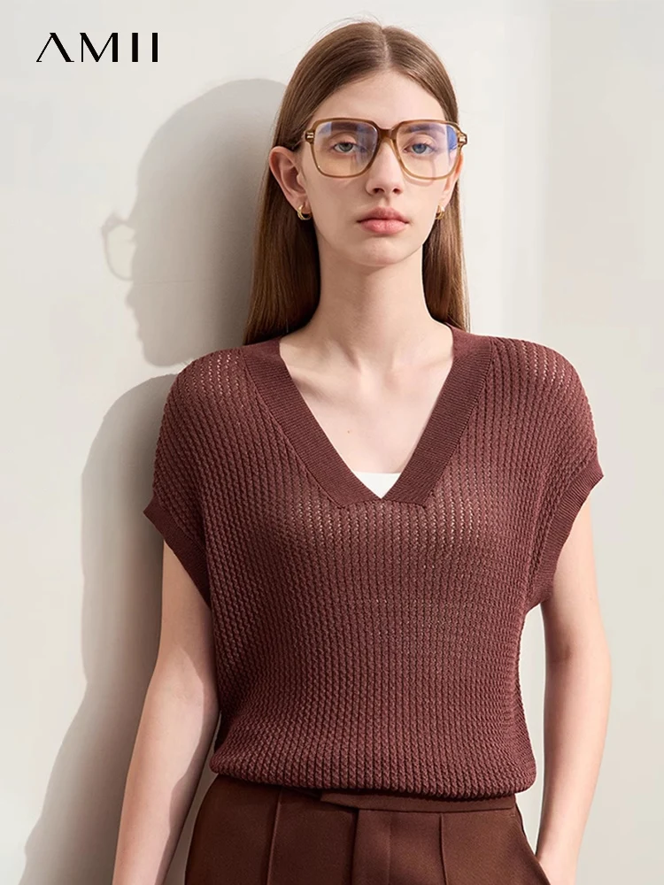 Amii-suéter de punto minimalista para mujer, camiseta de punto raglán de manga corta con cuello en V, jerséis holgados con agujeros, Tops 2024