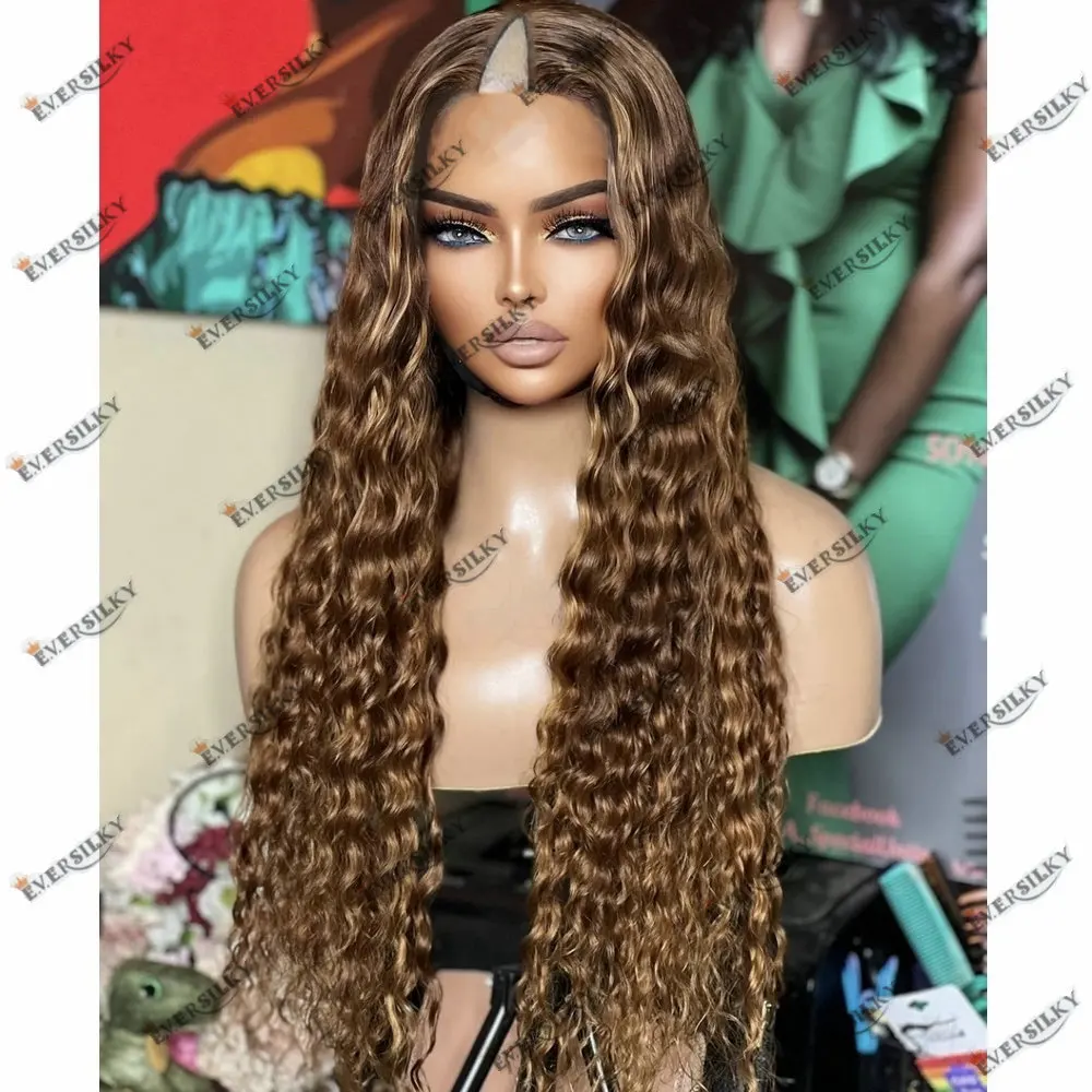 Honey Light Brown Highlight Remy Braizilian Hair V Part Wig Long Deep Wave Adjustables Glueless 1*4 Size U Human Hair for Women