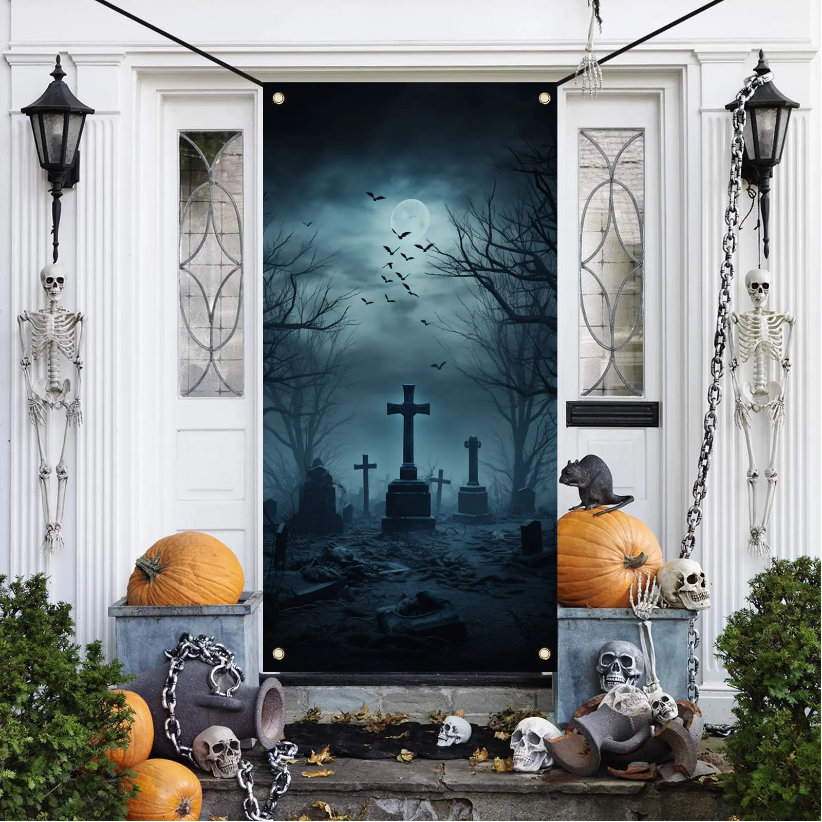 70 × 35 calowy Halloween transparent drzwi w pełni księżyca cmentary fotografia nietoperza zdjęcie pokrywa transparent dekoracje na Halloween