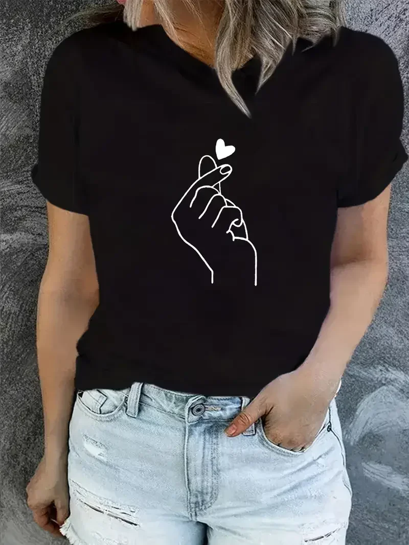 2026 Finger Tshirt Heart Print T-Shirt Short Sleeve Crew Neck Casual Top for Summer Spring Women's Clothing Top Tee