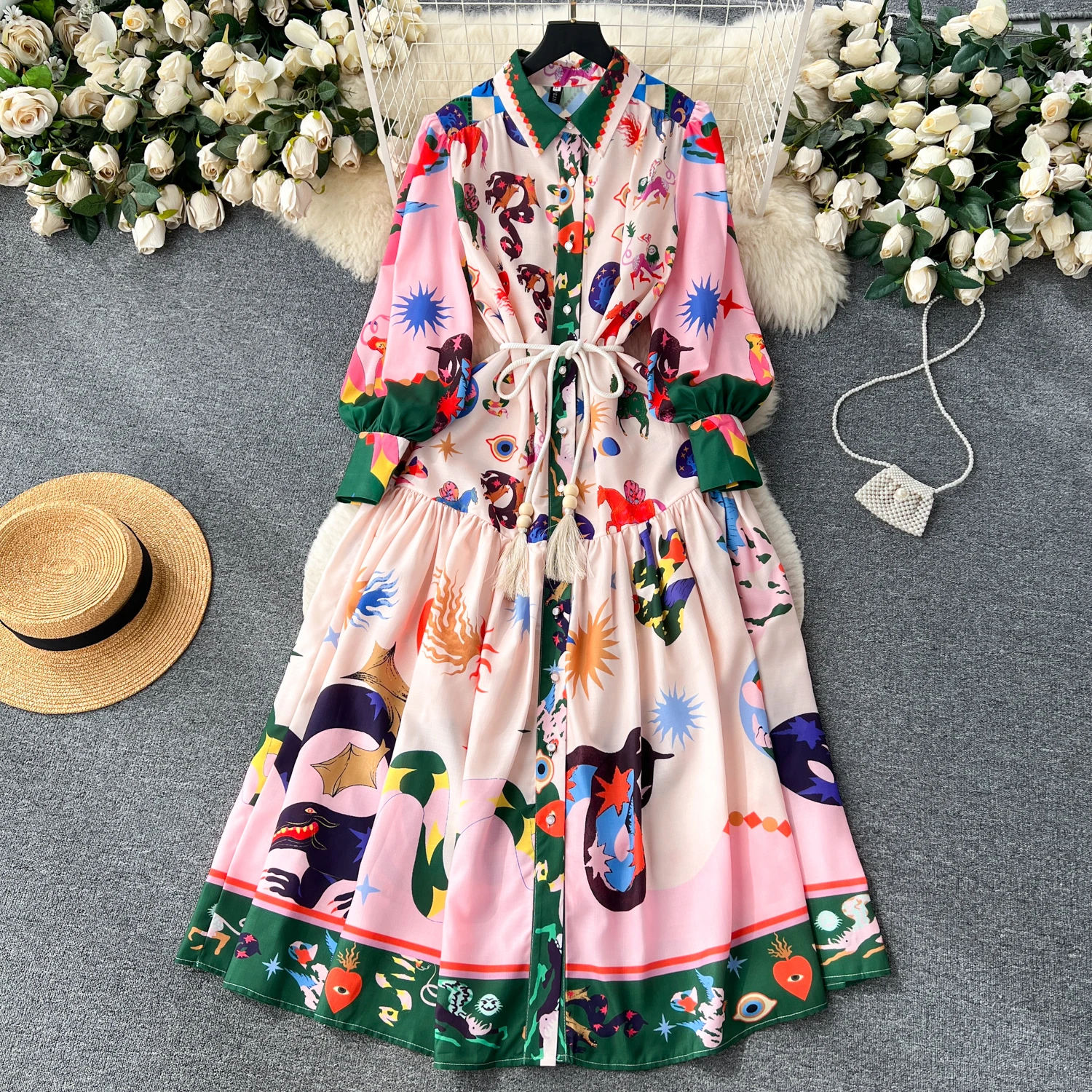 Clothland Women Vintage Print Shirt Dress Long Sleeve Sashes One Piece A Line Retro Ankle Length Dresses Vestido Maxi QC934