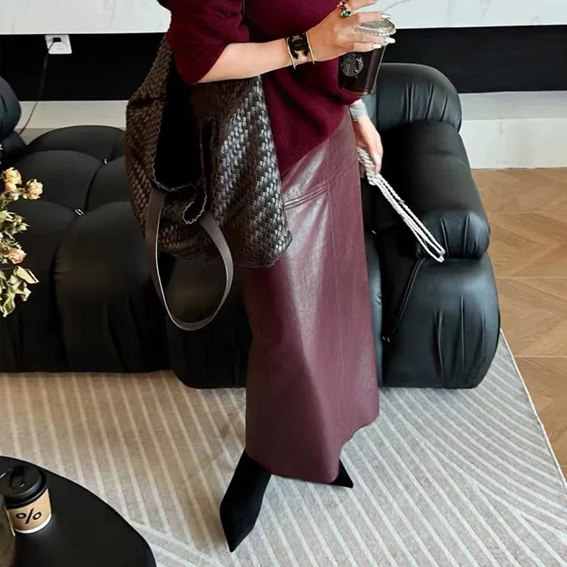 

Real Leather Skirt, High Waist, Long Skirt, Oil Waxed Cowhide, Wrap Hips, Wine Red Leather Skirt, Casual, Autumn And Winter