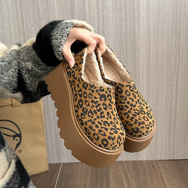 Mules Women Shoes Cover Toe Platform Loafers 2025 New Comfort Lambs Wool Women's Casual Shoes Ladies Leopard Thick Heel Shoes