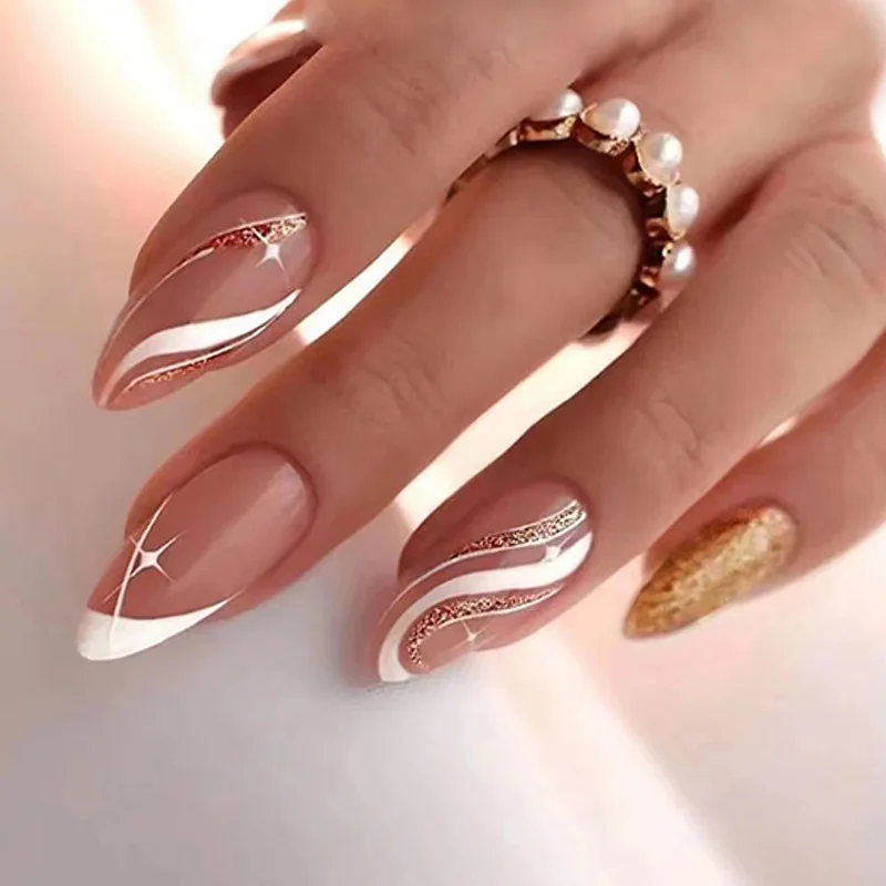 

24 Pcs Medium Press on Nails Cheap Fake Nails Prosthetic Nail Set White Gold Glitter Almond Adhesive False Artificial Nails Art