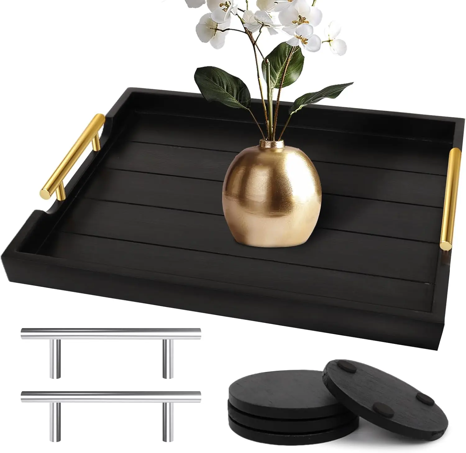 

Large Wooden Ottoman Tray with Handles and Coasters - Rustic Serving Tray for Living Room Coffee Table
