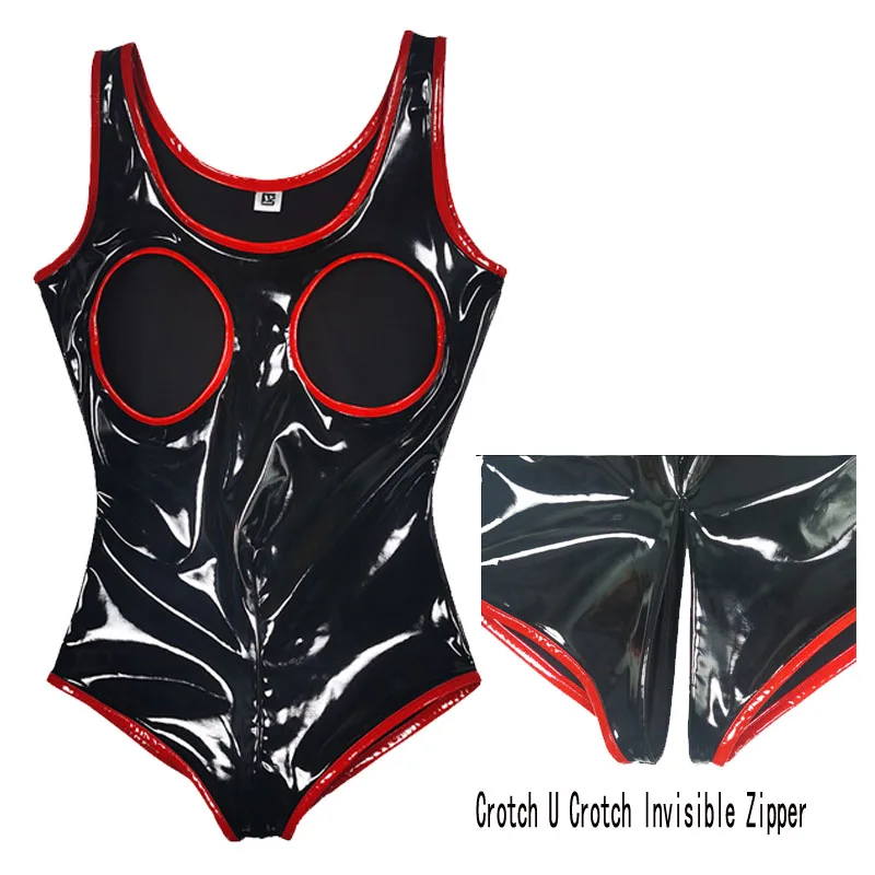 

Female Hollow Out Bust Zip Open Crotch Jumpsuits Faux Leather Bodysuit Swimwear One-Piece Vest PVC Straitjacket Chest Hollowing