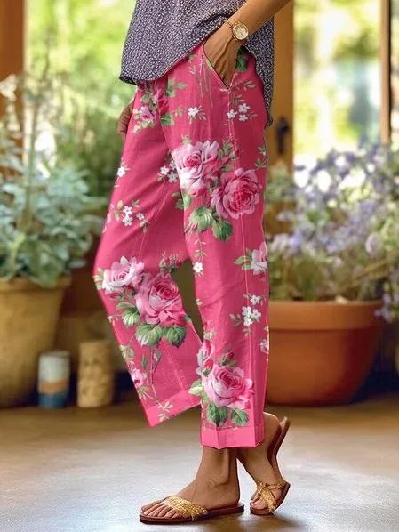 2025 Summer Women's New Drawstring Trousers Printed Elastic Waist Pants Boho Lace Trousers Set Women's Office Commuter Trousers