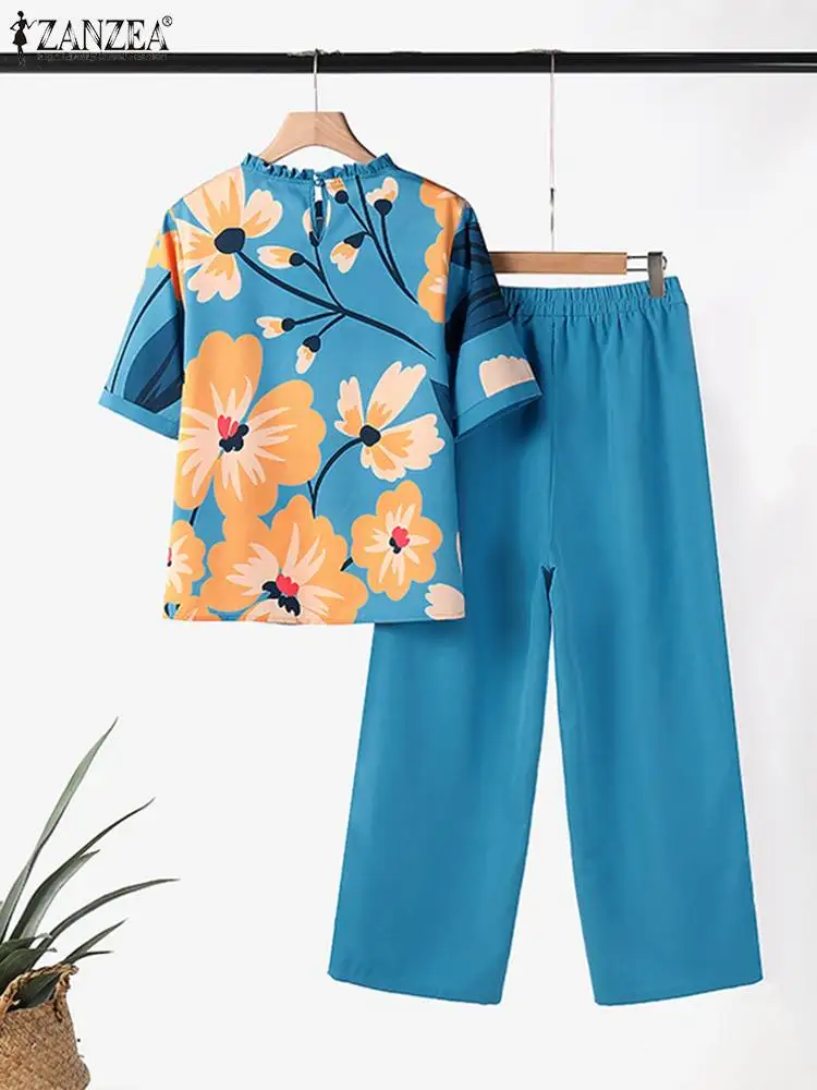 ZANZEA-Conjuntos florais estampados para mulheres, roupas casuais, calças largas, calças de verão, blusa de manga 3/4, moda, 2 peças