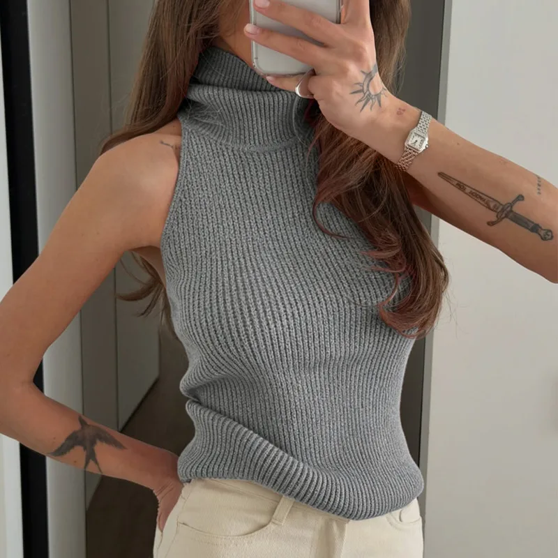 Women Halter Neck Knit Top, Sleeveless Ribbed Turtleneck Tank Tops, Sexy Backless Slim Fit Casual, Blouse 2026 Summer Fashion
