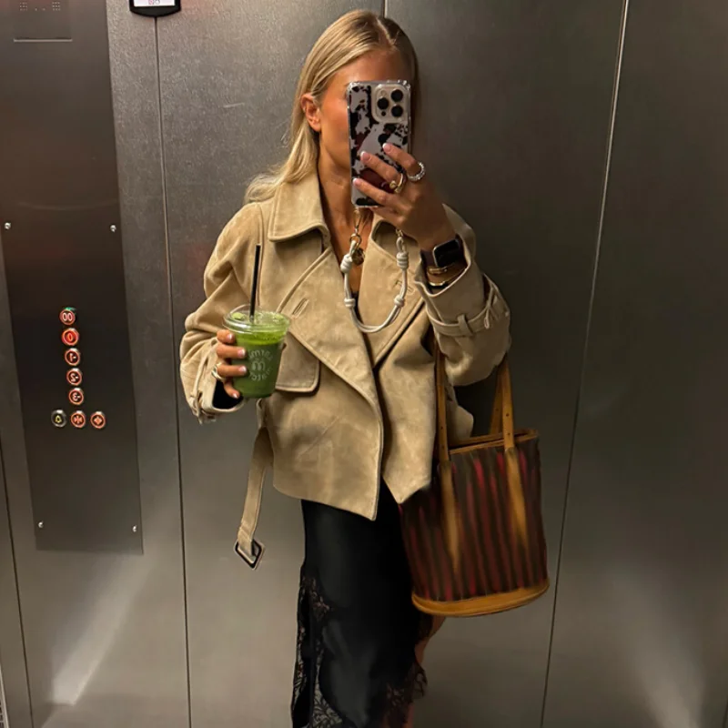 

Vintage Casual Chic Jacket Lapel Waist Strap Women's Coat Versatile High-quality Autumn Outerwear Stylish Edgy Trendy Streetwear