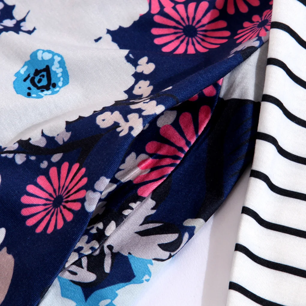 Femmes fille col rond épissage Foral rayure Mini robe poche latérale robe à manches longues