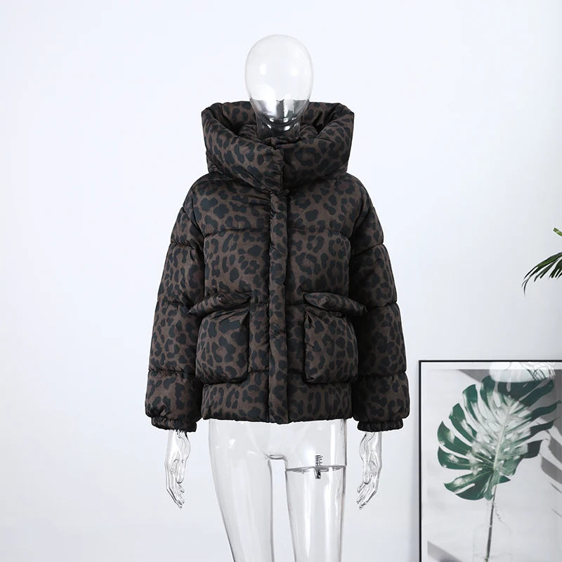 Women's Leopard Print Hooded Cotton Padded Jackets Stand Collar Zipper Short Puffy Coats 2026 Winter Lady Street Warm Outerwear