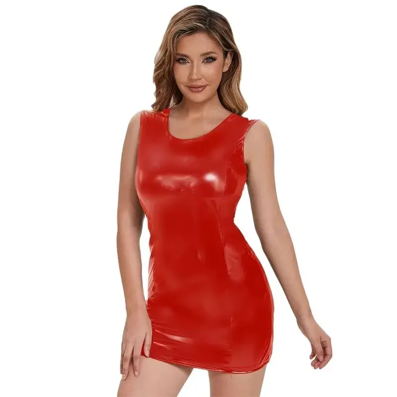 Sexy Backless Erotische Jurken Jurken Vrouwen Mouwloze Pu Leren Jurk Jurk Vrouw Nachtclub Party Slim Fit Stretch Latex Jurk