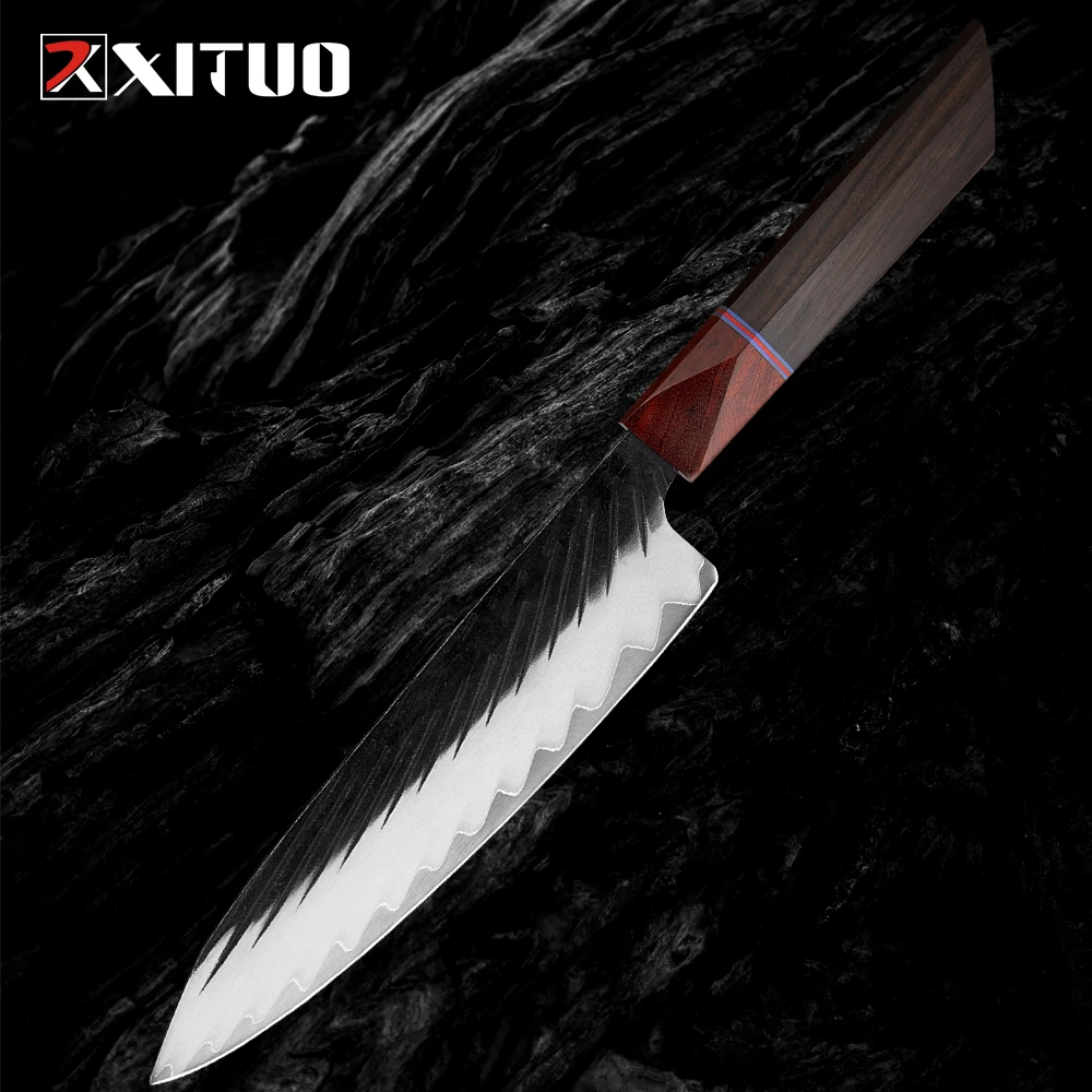 Chef's Santoku Knife 7 Inch, Professional Japanese 3-layer High Carbon Steel Chef Knife, Hand Forged Ultra Sharp Kitchen Knife