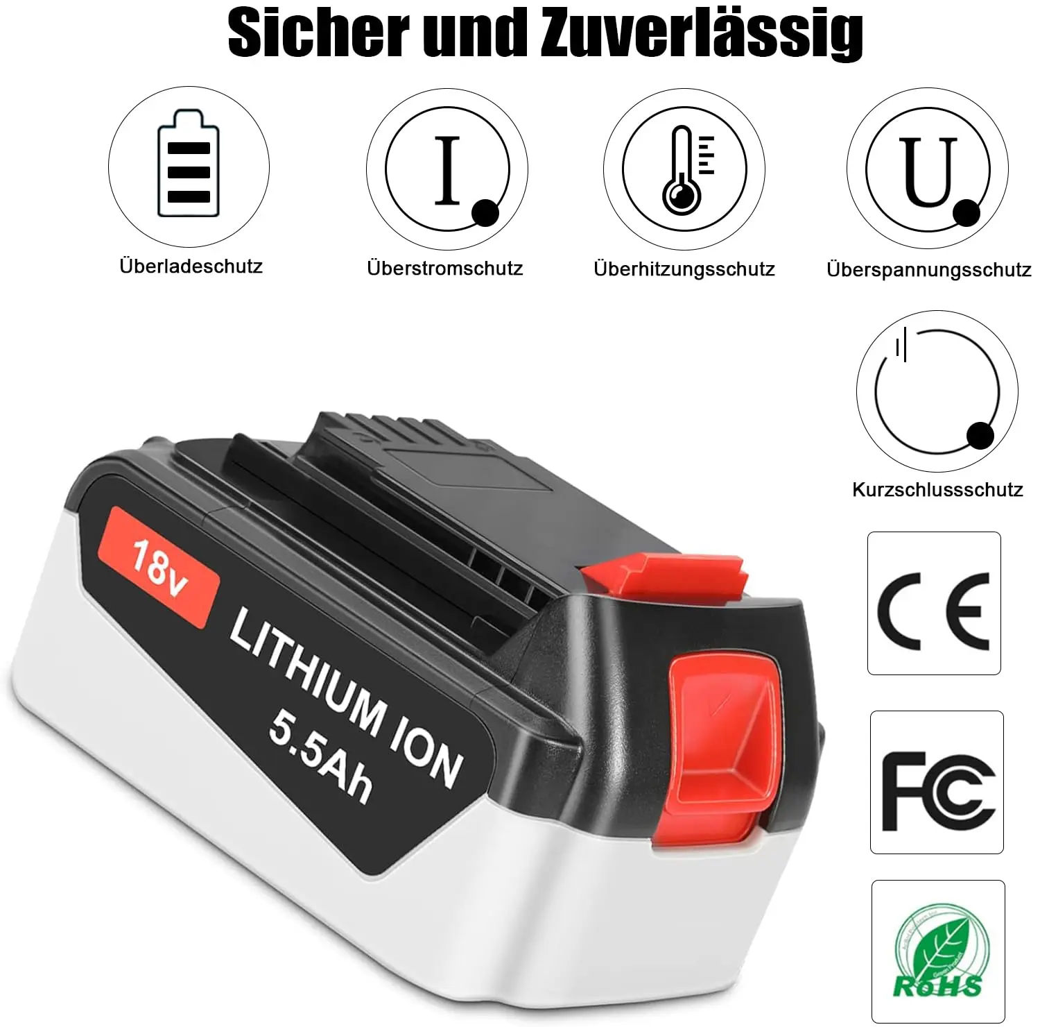 REACELL für Black and Decker Akku 18 V 5,5 Ah Ersatzakku Li-Ion BL1518 BL2018 GTC800 LB20 LBX20 LST220 18 Volt Akku