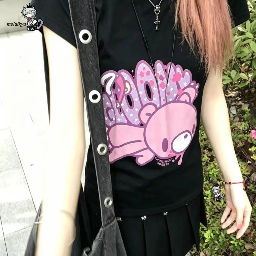 New Summer Japanese Subculture Y2K Sweet T Shirt Women's O-Neck Short Sleeve Cartoon Printed Bear Top Yami Kawaii Harajuku Shirt