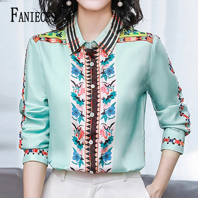 FANIECES Vintage Print Satin Women Shirt Fall Long Sleeve Lapel Button-up Blouses Elegant Tops Office Lady camicie e camicette