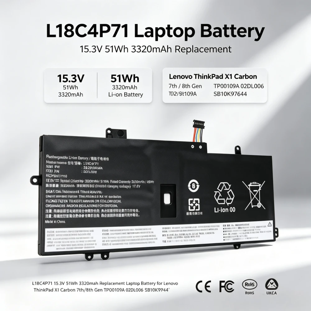 L18C4P71 15.3V 51Wh 3320mAh Replacement Laptop Battery for Lenovo ThinkPad X1 Carbon 7th/8th Gen TP00109A 02DL006 SB10K97644