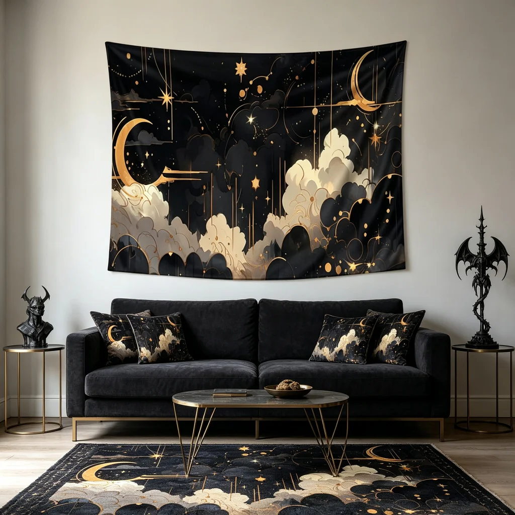 1PC Gold Moon Star Cloud Black Print Backdrop Banner, Bedroom Living Room Photo Background, Polyester, Home Decor, Wall Art