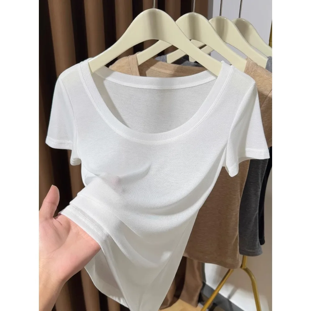 

Thin large round neck waist slimming short-sleeved women's slightly see-through bottoming shirt summer top for hot girls