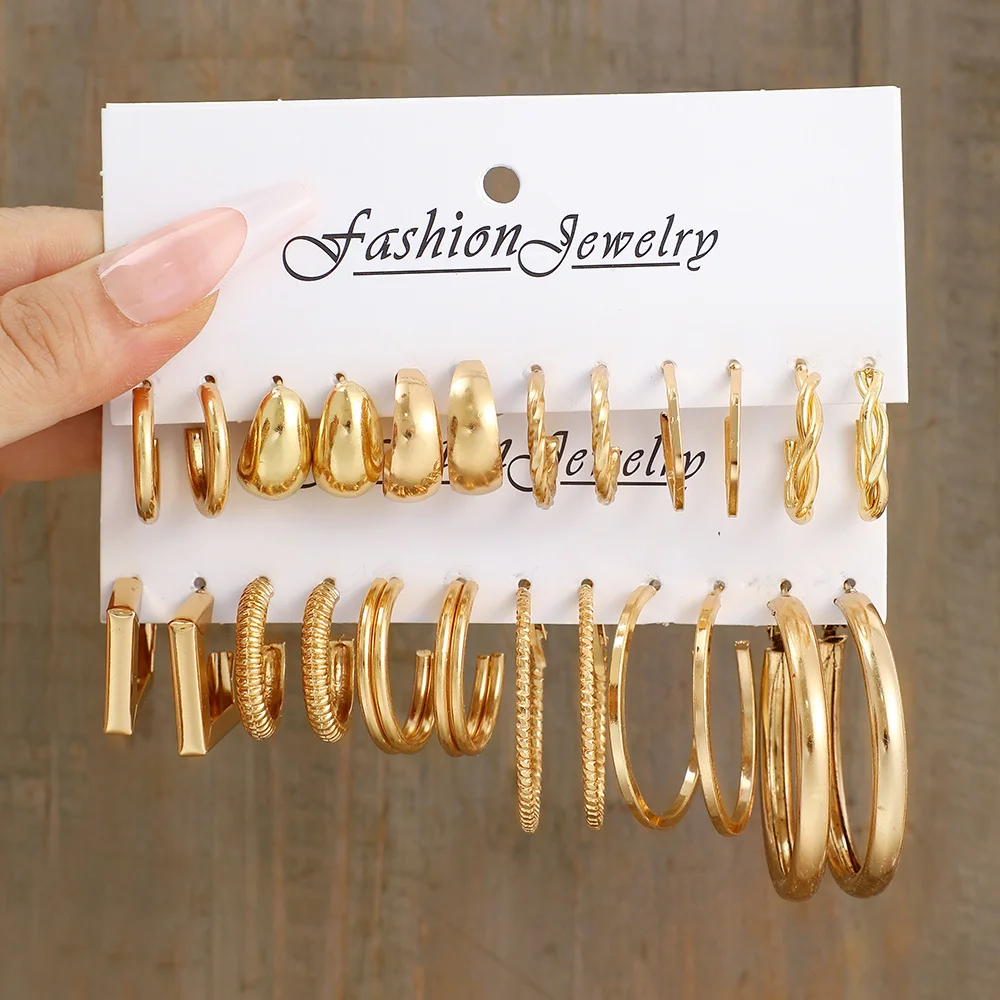 

12pcs New Gold Plated Simple Hoop Earrings for Women Retro Circle Twist Geometric Drop Earrings Jewelry Party Trendy Accessories