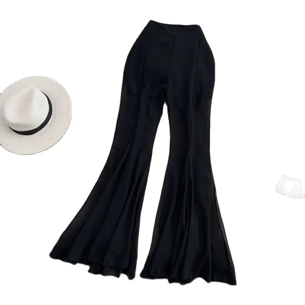 

Chiffon Fashion Wide-leg Pants Women's 2023 Summer New Drape High Waist Slim Pleated Floor Leisure Flared Pants Children's Tide.