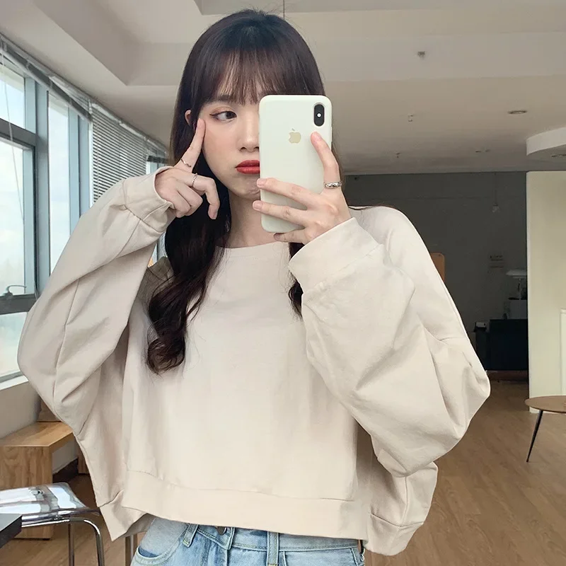 

Spring Autumn Women O-Neck Sweatshirts Solid Color Ladies Casual Loose Pullover Tops Female Hoodies Soft Cotton Long Sleeve