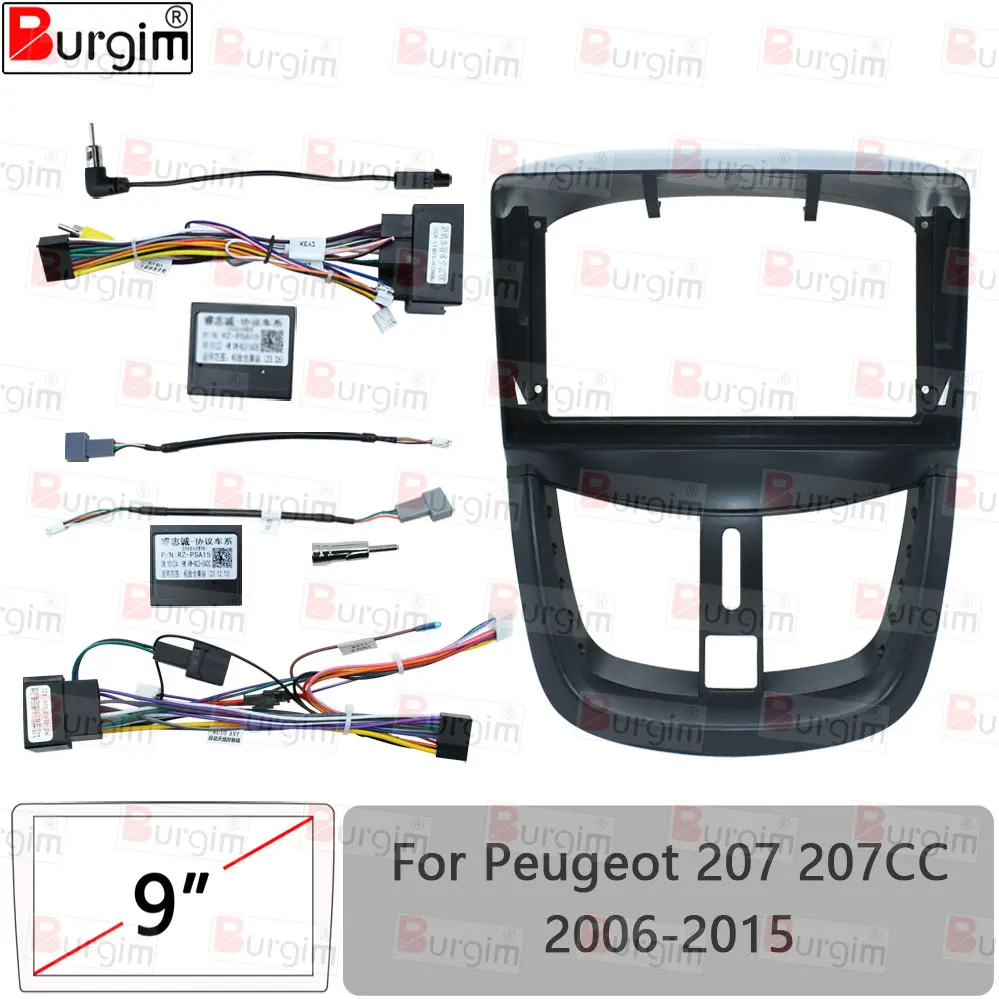 Car Radio Fascia Frame For Peugeot 207 207CC 2006-2015 9 inch 2DIN Stereo Panel Harness Wiring Power Cord Adapter Canbus Decoder