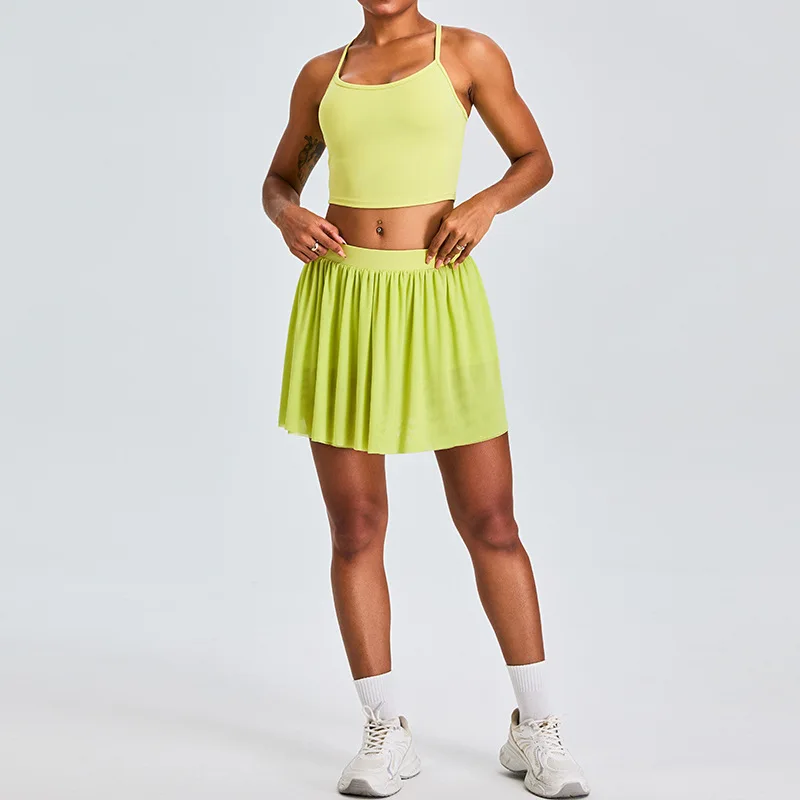 Abbigliamento sportivo da 2 pezzi Gonna corta sportiva per il tempo libero Set da yoga Gonna da tennis a pieghe in rete foderata con cintura da donna Tuta da fitness push up da corsa
