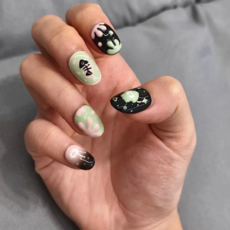 

Cream Pink Avocado Green Octopus Spray Warrior 3 Splatoon Cool Custom Hand-painted Nail Art