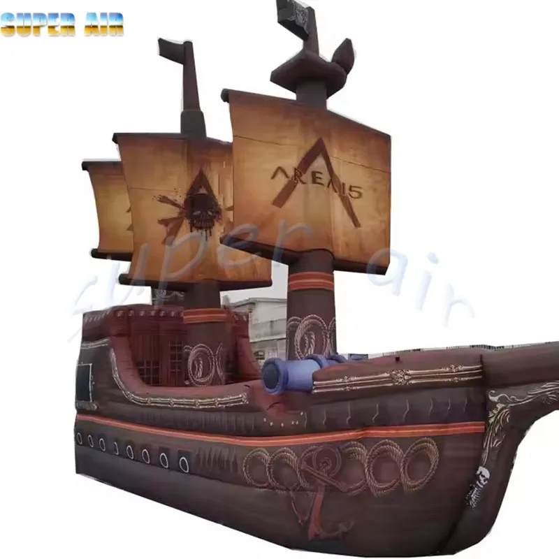 Giant Inflatable Pirate Ship, Large Blow Up Pirate Boat Model with Sails & Cannon, for Theme Park, Halloween, Party,