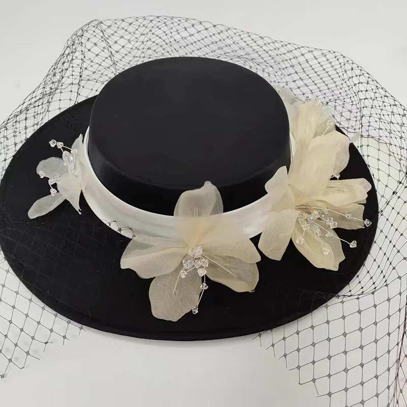 New Design Gothic Black Bridal Hat Hepburn Style Flat Top Hats Bride Photography Make Up Hat Bridal Accessories chapeau mariage