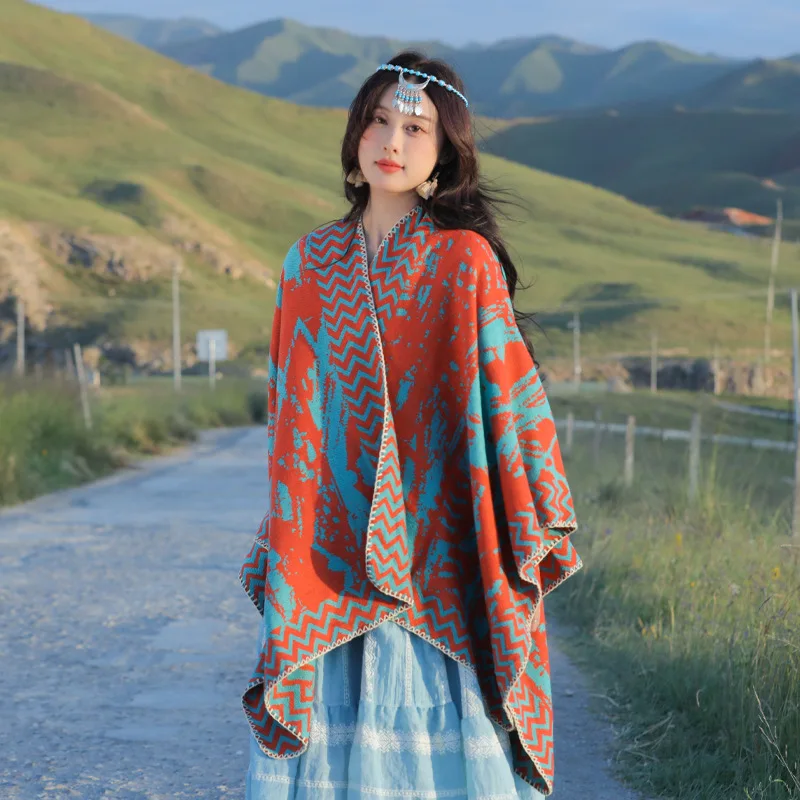 

Outdoor casual versatile stylish shawl with ethnic style wavy stripes and slit cape