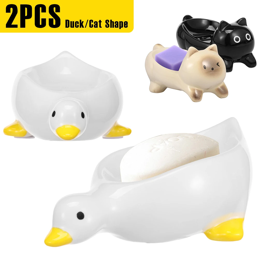 

2 Pcs Ceramic Soap Dish Duck/Cat Shape Soap Dish Holder with Self Draining Design Cute Ceramic Soap Tray for Bathroom Kitchen