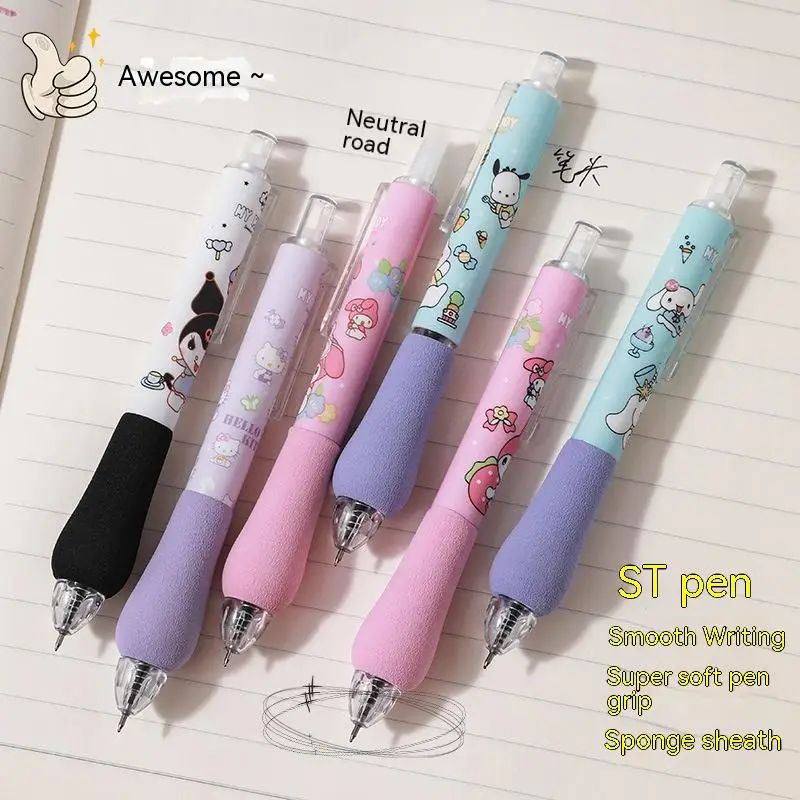 Sanrio 6-12pcs Hello Kitty Strawberry Kuromi Kawaii Unisex Pens Press-action Pens American Retro Gourd Tip High Value Black Pen